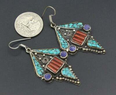 Vintage Tibetan Turquoise & Coral Stones Earrings, Ethnic Bahamas 