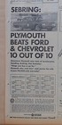 1964 newspaper ad for Plymouth - Beats other cars 10 out of 10 at Sebring tests
