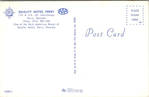 Quality Motel Perry GA Interior Early American Room Georgia postcard H406 - Picture 2 of 2