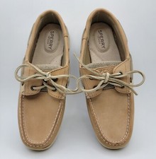 Sperry Bluefish Eye Boat Shoe Women 7 M Leather Linen Oat 9276619 Top Sider Flat