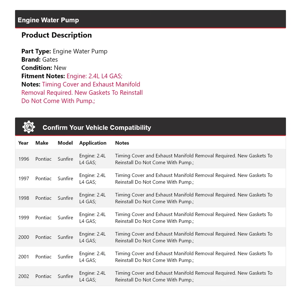 Para Pontiac Sunfire 1996-2002 2,4 L L4 Motor Gas Bomba Agua Puertas 1997 1998 1999 Foto 2 de 4