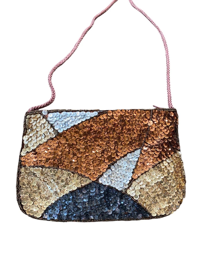 Vtg Beaded Sequin Mini Bag Geometric Evening Formal Valenti Franco Bronze Purse - Image 3 of 4