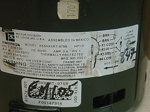 EM105-EMERSON 1/4HP K55HXKRT BLOWER MOTOR ,1100RPM, 3.4A 208-230V 3SPEED - Picture 8 of 10