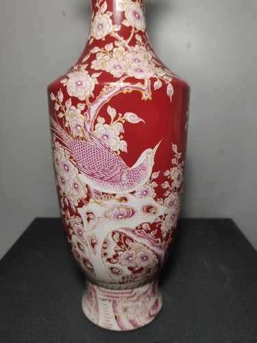 Old Chinese porcelain Qing Kangxi jujube red color Painted flowers bird vase - Picture 3 of 11