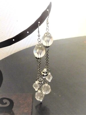 🌼 Boucles D'oreilles Pendantes en Métal Argenté et Boules Transparentes- Neuf - Photo 1/4