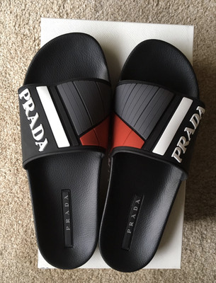 Prada Logo Embossed pool Slides Sandals linea rossa Rubber Size 6 Black | eBay