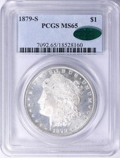 1879-S PCGS CAC MS65 Morgan Dollar, Full Cameo DMPL Obverse Blast White CAC Gem!
