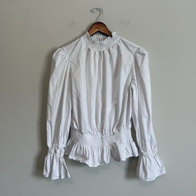 White Smocked Victorian Blouse Women 16 Plus Ruffle Cottagecore Romantic Dainty