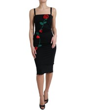 Dolce & Gabbana Black Wool Sleeveless Rose Applique Women's Dress
