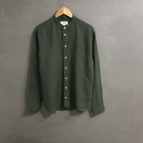 Men Eton Shirt Green Linen 42 / XL / 50