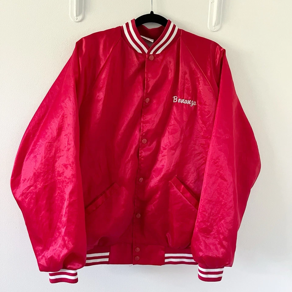 Vintage 80s Bonanza Restaurant Red Satin Bomber Snapbutton Jacket XL USA Nylon - Image 3 of 4