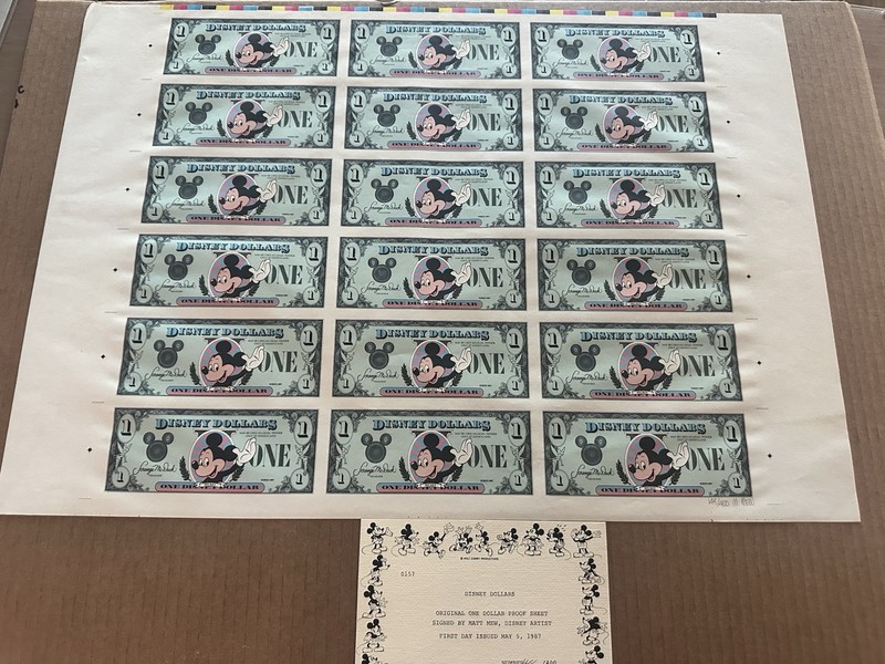 1987 Disney Dollars Unframed  Uncut Sheet $1 Mickey 148/400 Castle W COA
