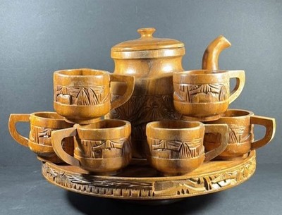 Hand Carved Wooden Tea Set With 6 Cups & Lazy Susan