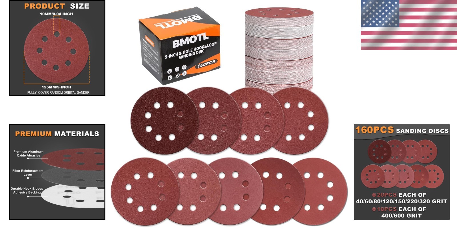 Sanding Discs Assortment 160pcs 5 Inch Hook Loop Grits for Wood Metal Plastic