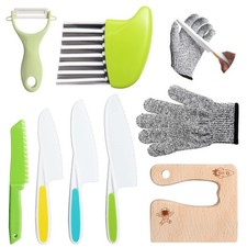 8 Pieces Wooden Kids Kitchen Knives Set for Real Cooking include 4 Plastic To...