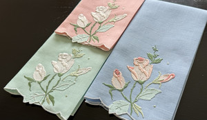 Vintage Madeira Guest Towel Set 3 Hand Embroidered Rose Buds Linen