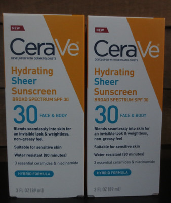CeraVe Hydrating Sheer Sunscreen Lotion for Face and Body - SPF 30 - 2 PK - 3 OZ