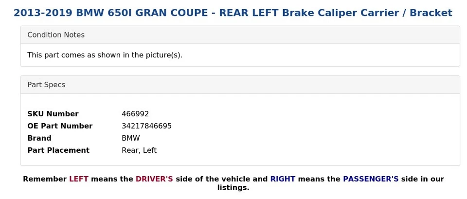 BMW 650I 2013-2019 GRAN CUPÉ - Porta pinza de freno trasero izquierdo / soporte Foto 4 de 4
