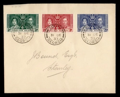 DR WHO 1937 FALKLAND ISLANDS FDC? SOUTH GEORGIA KGVI CORONATION COMBO M74844