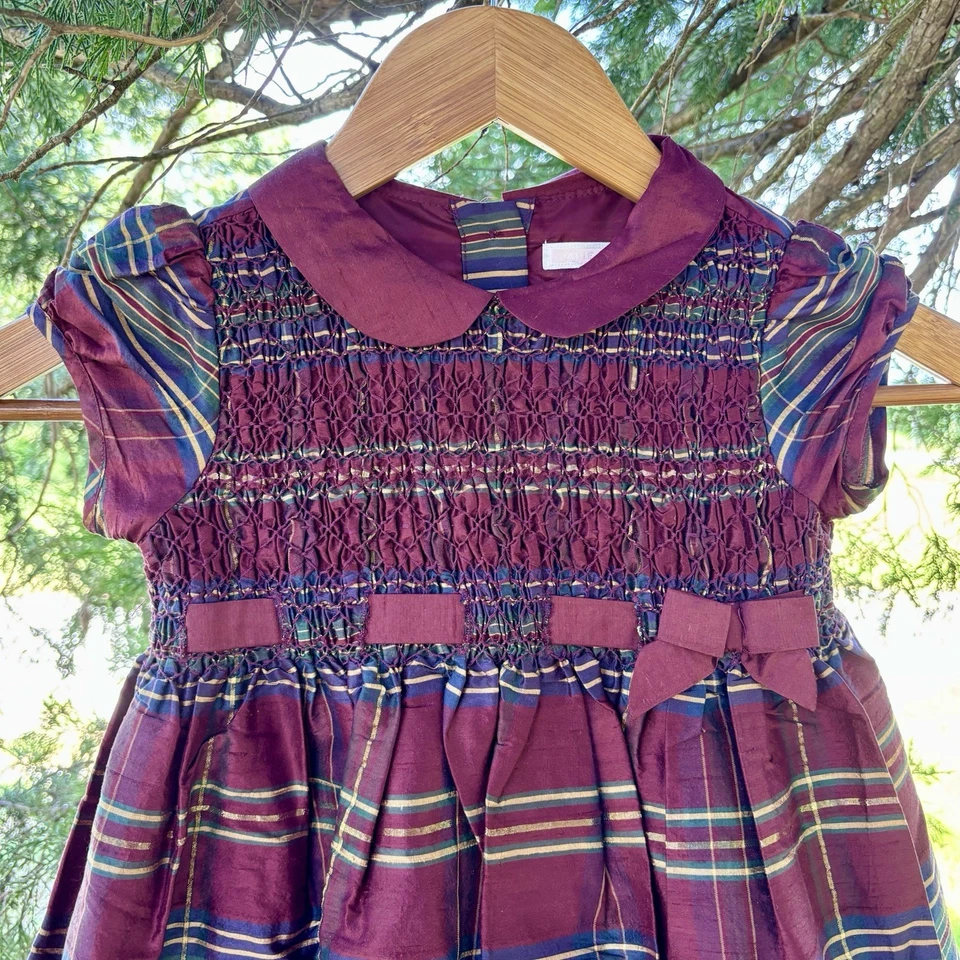 Vestido vintage de seda Janie and Jack para niños pequeños 3T patrón a cuadros borgoña y dorado Foto 2 de 4