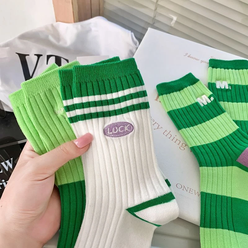 Lote de 3 pares de calcetines informales de trabajo informales a rayas verdes de moda para mujer niña Foto 3 de 4