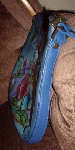 Anuschka Hand Painted Leather Crossbody Bag/purse Denim Blue Butterfly Floral - Picture 5 of 8