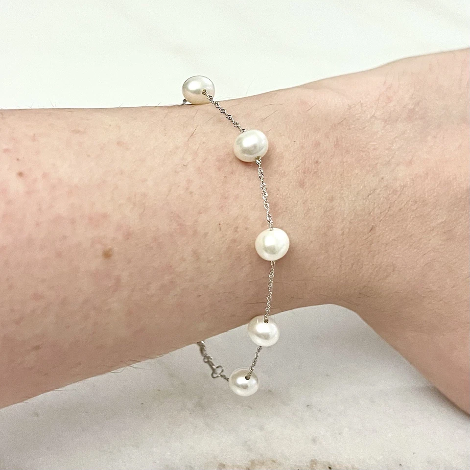Pulseira de pérolas brancas de ouro branco 14 quilates - Pulseira de pérolas genuínas - Imagem 2 de 4