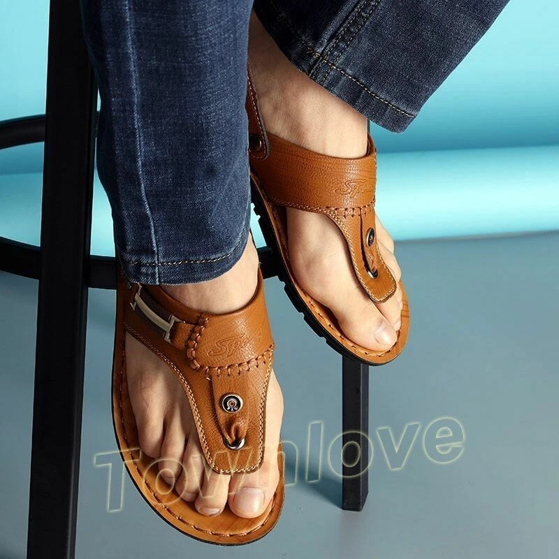 Mens leather on sale flip flops sale
