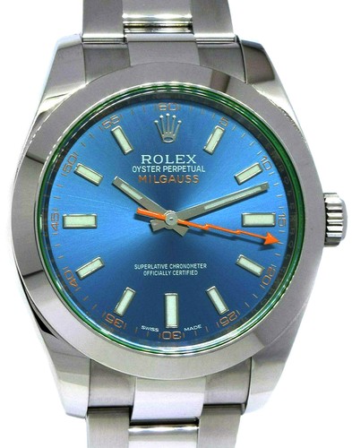 Rolex Milgauss Steel Blue Dial Green Crystal Mens 40mm Watch +...