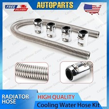 New 48 Stainless Steel Radiator Flexible Coolant Water Hose Chrome Caps Silver.