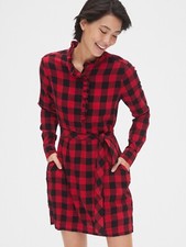 EUC Women's GAP Red Buffalo Check Plaid Ruffle-Neck Popover Henley Shirtdress-ST
