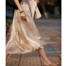 Lady Shiny Mesh Pleated Skirt Chiffon A-line Skirt Elegant Tutu Solid Casual New