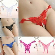 Sexy Womens Crotchles Pearl Panties Thong G string Lingerie Lace Underwear Brief