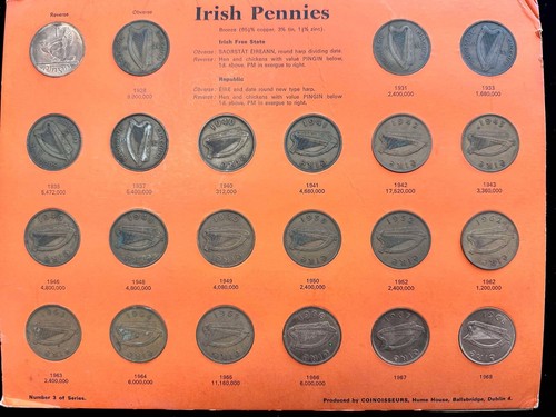 COMPLETE 21 YEAR SET OF CIRCULATED IRISH COPPER PENNIES 1928-1968 IRELAND 1c