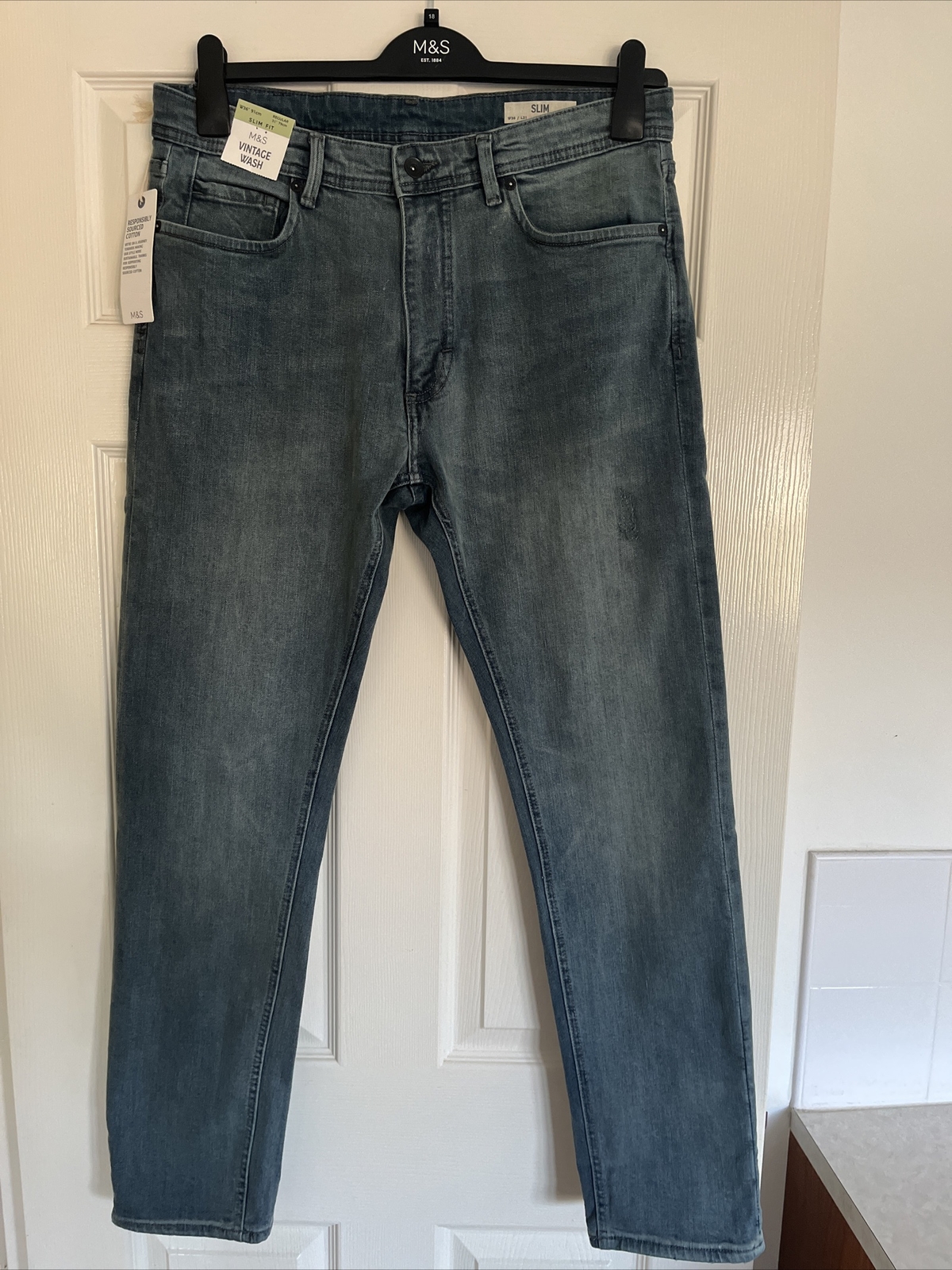 MARKS & SPENCER MENS SLIM FIT VINTAGE WASH GREY BLUE JEANS Waist 36