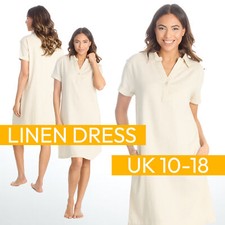 Ladies Linen Viscose Blend Short Sleeved Shift Beige Summer Dress 10 12 14 16 18