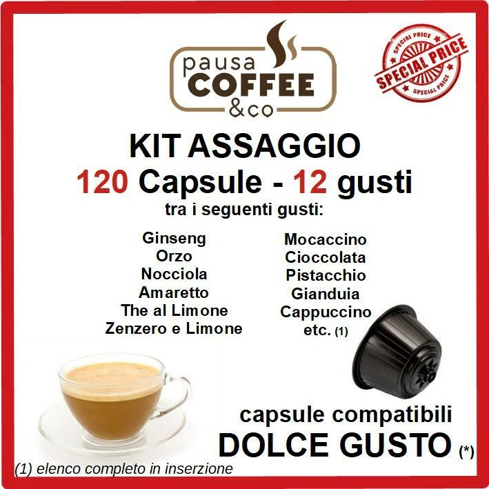 PAUSACOFFEE KIT ASSAGGIO 120 capsule DOLCE GUSTO - Ginseng, Orzo, Nocciola, Pistacchio, etc.