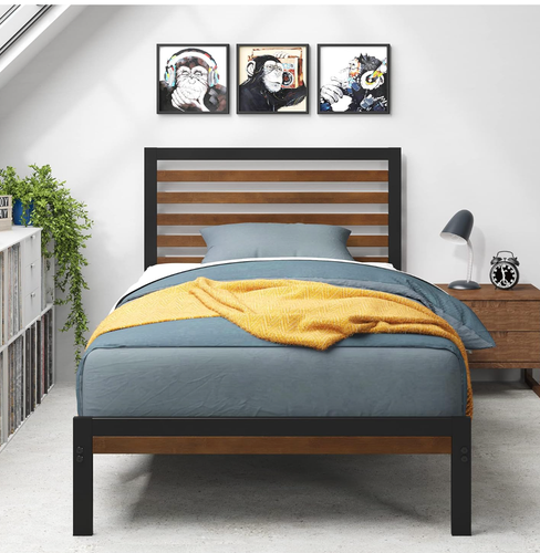 Bamboo and Metal Platform Bed Frame with Headboard easy assemble single bed - Picture 4 of 11