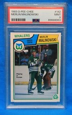 1983 O-PEE-CHEE # 142 Merlin Malinowski PSA 9 MINT # 89688063 HARTFORD WHALERS