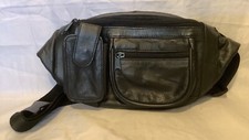 Vintage Black Leather Fanny Pack 3 Zippered Compartments Small Phone Holder