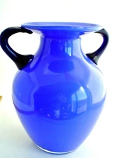 Large Blue Art Glass Two Handled Vase 9" Tall
