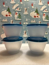 TUPPERWARE Refrigerator Bowls 14 oz  TEAL BLUE Nesting Stacking Leftovers Set 4