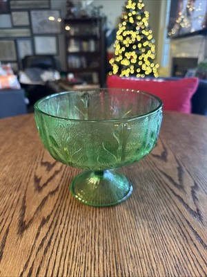F.T.D. Green Glass Oak Leaf Vintage 70 s Pedestal Bowl Candy Dish Planter Vase