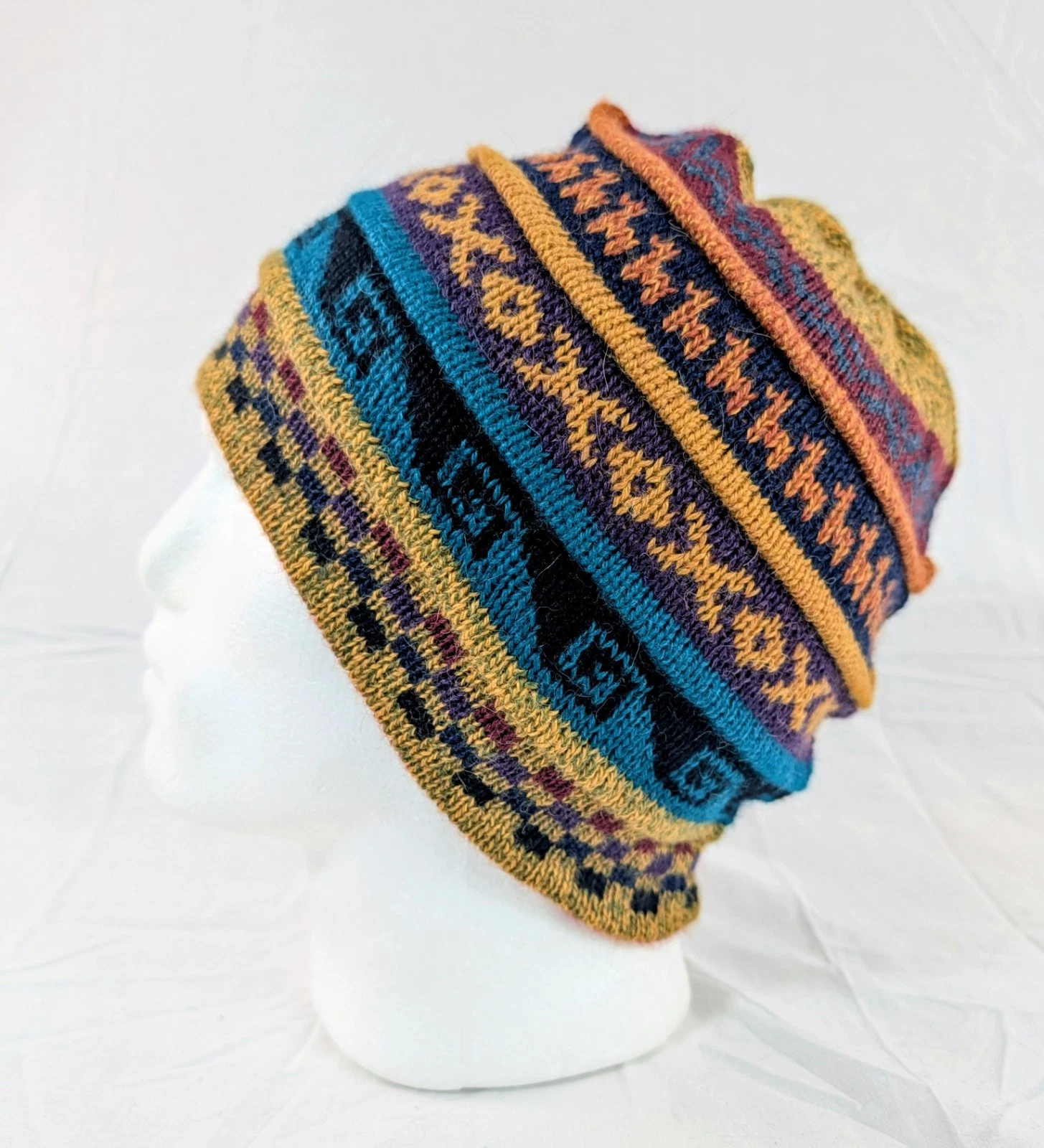 Soft Baby Alpaca Beanie Reversible Yellow Red Unisex Colorful Boho Llama Peru