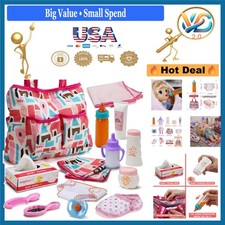 Baby Doll Accessories Set 14-Piece Feeding Care Play Toys Pink for Girls