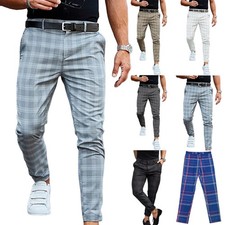 Mens Checker Slim Fit Plaid Pants Stretch Casual Work Pants Breathable S-3XL New