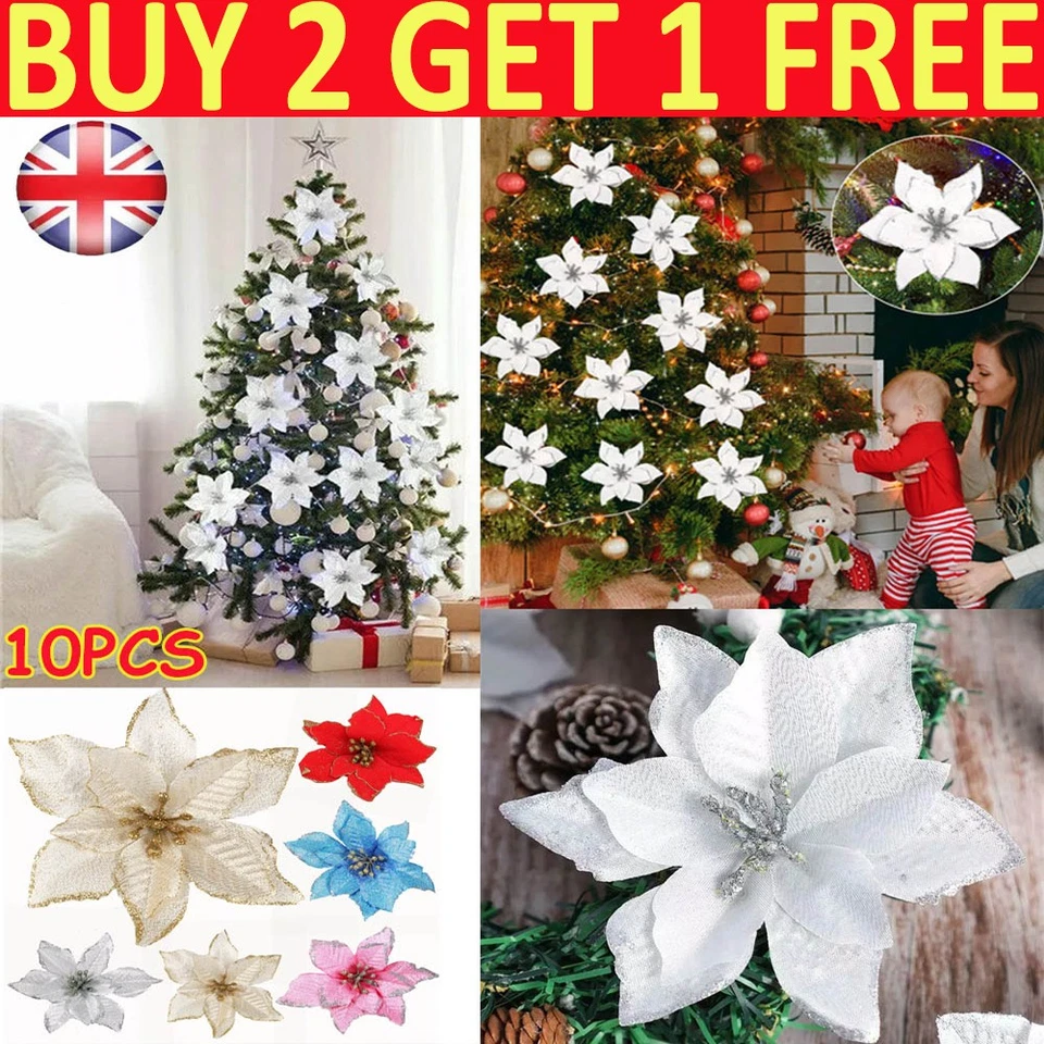 PA 10PCS Artificial Fake Flowers Christmas Tree Poinsettia Glitter Xmas Decoration