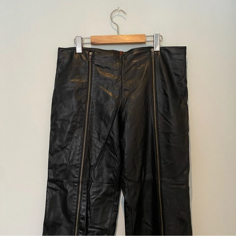 Pantalón de cuero genuino pierna ancha vertical cremallera frontal Foto 2 de 4