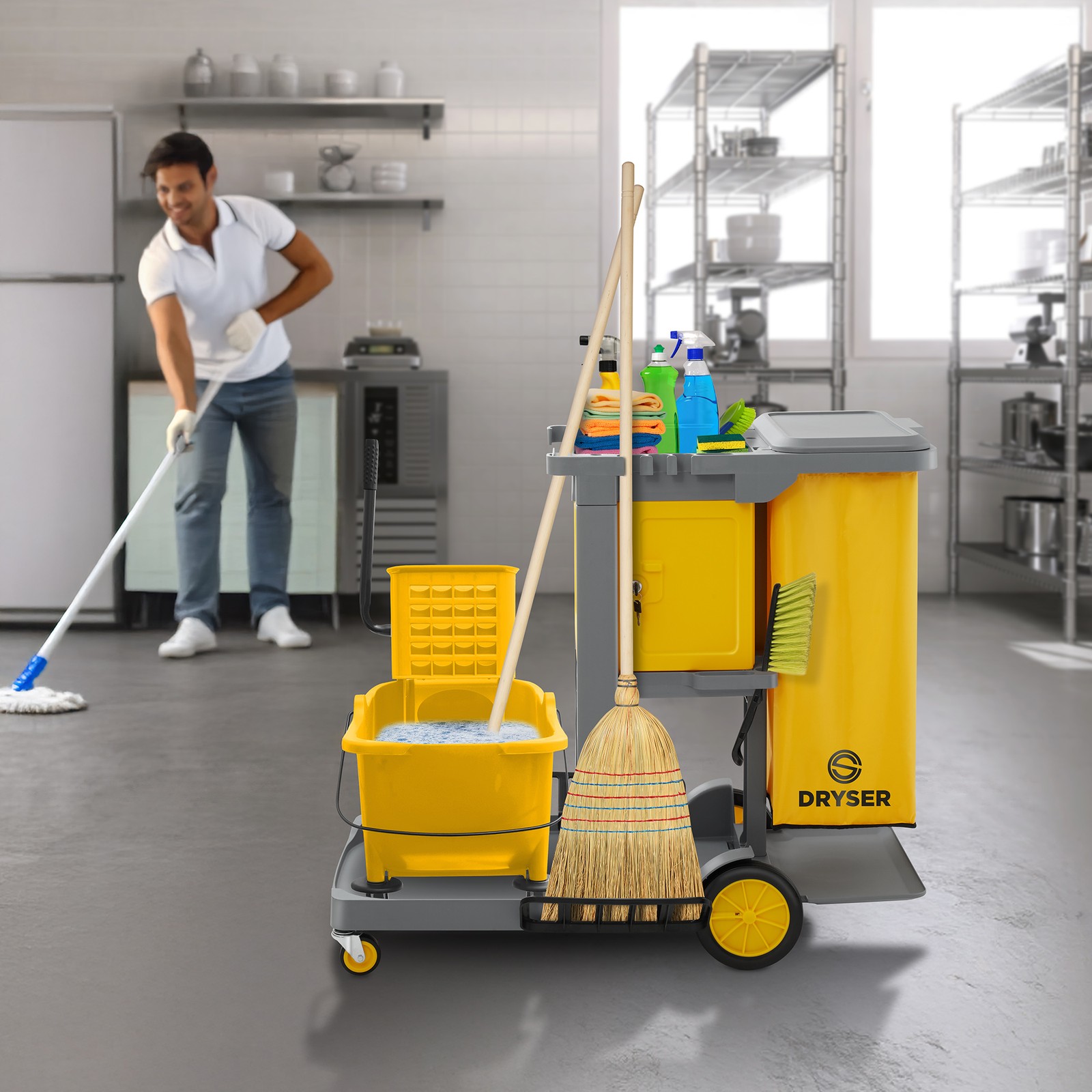 Commercial Janitorial Cleaning Cart Caddy on Wheels with Key-Locking Cabinet