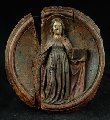 RENAISSANCE RELIEF SKULPTUR TONDO HEILIGE ANNA MIT BUCH SÜDTIROL ZIRBELHOLZ 1550